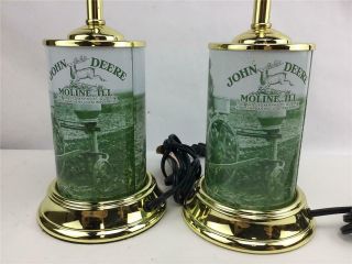 Set Of 2 John Deere Table Lamps Vintage Tractor Picture Gold Trim 16 