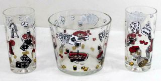 Vintage Casino Gambling Theme Hazel Atlas Glass Ice Bucket & Tumblers