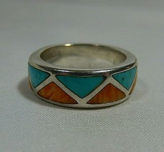 Vtg Sterling Silver Turquoise And Spiny Oyster Pictograph Signed Band Ring S7
