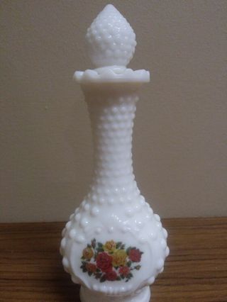 Unique Vintage Avon Hobnail Milk Glass Perfume Decanter W/flowers And Stopper 8 "
