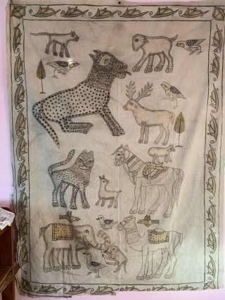 Vintage Indian Mid Century Hand Painted Wall Hanging - Folk Art - 49” X 65”