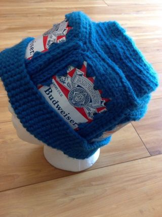Budweiser Beer Can Bucket Hat Vintage 1970s Crochet Knit Teal Retro