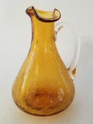 Vintage Miniature Amber Crackle Glass Pitcher Clear Handle Ruffle Top