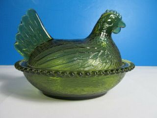 Vintage Indiana Carnival Glass Hen On Nest Emerald Green Covered Dish