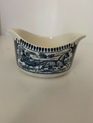 Vintage Currier And Ives Blue And White China Gravy Boat Man & Lady In Sleight