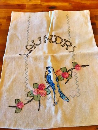 Canvas Laundry Bag Drawstring Vintage Embroidery Needs Repairs