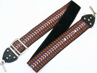 Vtg Hippie Woven Camera Strap 2 " Wide Leather End,  Swivel Clip Red Yellow Blues,
