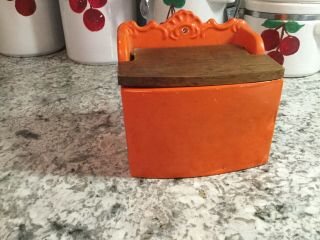 Vintage Orange Ceramic Salt Box With Wooden Lid 4 1/2” Wide