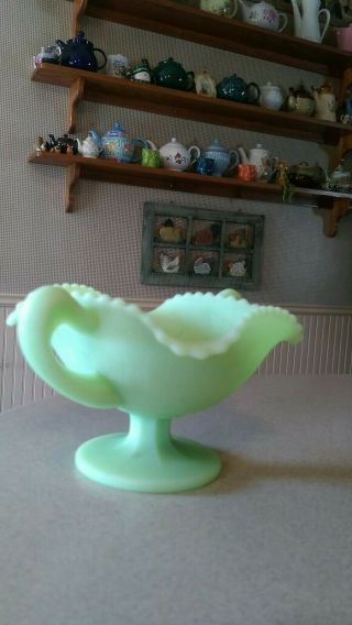 Vtg Fenton Green Satin Art Glass Candy Dish Footed Pedestal Ruffled Rim Jadeite