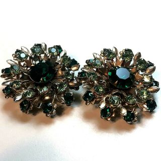 Vintage Round Green Rhinestone Gold Tone Large Ear Clips