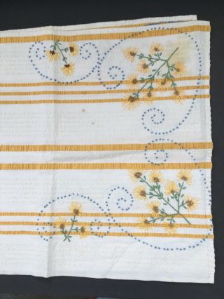 Vintage Embroidered Table Runner Dresser Scarf Daisy Heart Seersucker Stripe 38”