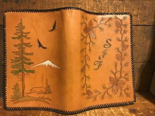 Vintage Hand Tooled Leather Book Cover Pine Cone Tree Eagle Mountain Monogram