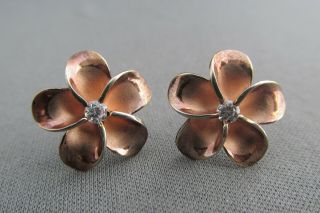 Vintage Rose Gold Tone Sterling Rhinestone Daisy Flower Stud Pierced Earrings