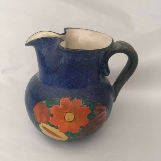 Vintage Art Deco Cobalt Hand Painted Czech Pottery Floral Pitcher