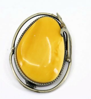 Vintage Butterscotch Egg Yolk Amber & Silver Plated Pin,  1 3/4 ",  Hand - Crafted