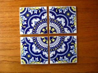 4 Vintage Ideal Standard Mexican Sunburst Ceramic Tiles 4 5/16 " Blue & Yellow