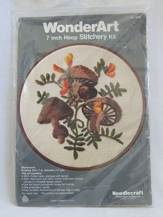 Vtg Wonder Art Crewel Embroidery Kit Mushrooms With Hoop Frame 5902 7 " Nip