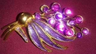 Vintage Signed M.  Jent Gold Tone Enamel Pink Purple Rhinestones Brooch Pin