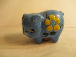 Vtg Spotted Blue Ceramic Piggy Bank With Hand Painted Yellow Flower