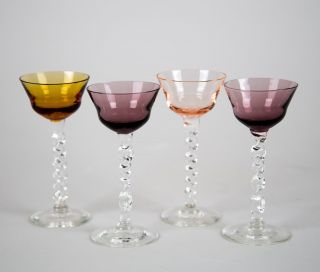 Vintage Twist Stem Multi Color Cordial Glasses,  Set Of (4),  Hand Blown Glass
