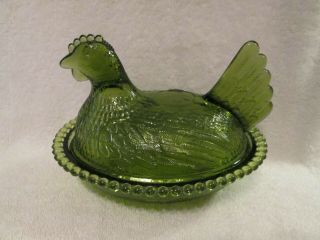 Vintage Indiana Green Depression Glass Chicken Hen On Nest Covered Dish