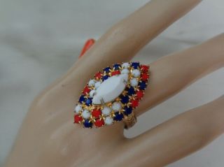 Vintage,  Ring Patriotic Red,  White Blue With Adjustable Shank Gold Tone