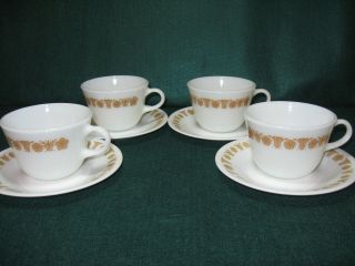 Vintage Set Of 4 Pyrex Corelle Butterfly Gold Cups & Saucers