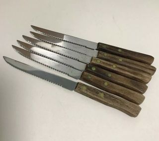 Set Of Six 8.  25” Vintage Stainless Steel Wood Handle Steak Knives - Made In Japan