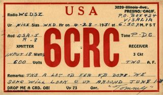 6crc Tommy Visalia,  Ca 1931 W/ Franklin Stamp Vintage Ham Radio Qsl Card