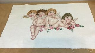 Vintage Needlepoint Embroidery,  Cherubs,  Roses,  Flowers,  Leaves