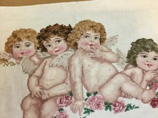 Vintage Needlepoint Embroidery,  Cherubs,  Roses,  Flowers,  Leaves 3