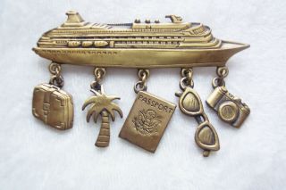 Vintage Jj Jonette Jewelry Cruise Ship Boat Brooch Pin Brass With Dangle Charms