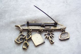 Vintage JJ Jonette Jewelry Cruise Ship Boat Brooch Pin Brass with Dangle Charms 2