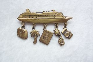 Vintage JJ Jonette Jewelry Cruise Ship Boat Brooch Pin Brass with Dangle Charms 3