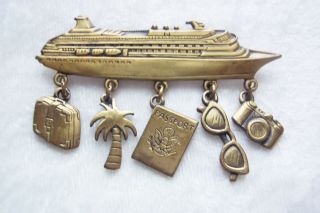 Vintage JJ Jonette Jewelry Cruise Ship Boat Brooch Pin Brass with Dangle Charms 4