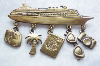 Vintage JJ Jonette Jewelry Cruise Ship Boat Brooch Pin Brass with Dangle Charms 5