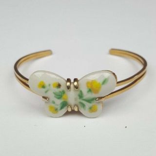 Vintage Avon Butterfly Cuff Bracelet Painted Porcelain Gold Tone Yellow Rose