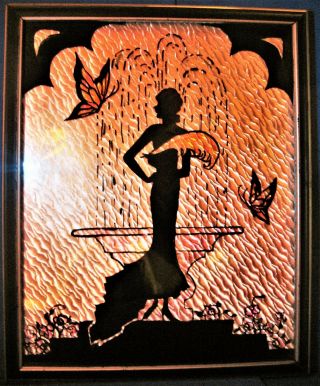 Vintage Artdeco Reverse Painting Foil Silhouette Picture Lady Fountain Butterfly