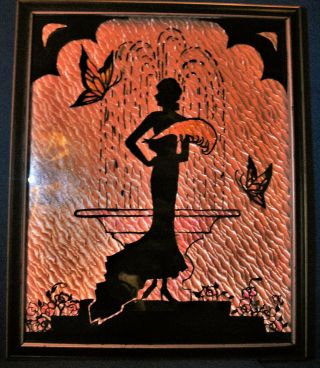 Vintage ArtDeco Reverse Painting Foil Silhouette Picture Lady Fountain Butterfly 2