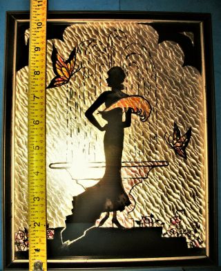 Vintage ArtDeco Reverse Painting Foil Silhouette Picture Lady Fountain Butterfly 4