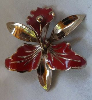 Vintage Gold Tone Metal Tiger Lily Flower Enamel Painted Red Brooch Pin Jewelry