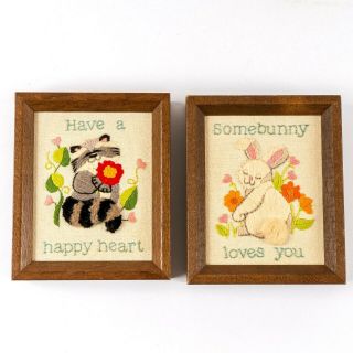 2 Vintage Crewel Embroidery Racoon & Bunny Finished & Framed By Sunset Designs