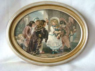 Charming Vintage Framed Color Etching Print,  French Children Dressed As Adults