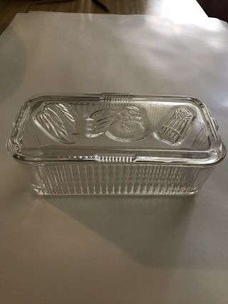 Vintage Federal Glass Ribbed Refrigerator Dish Fruit Lid Clear Glass 8x4x3