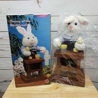 Gemmy Musical Animated " Bunny At The Workbench " Vintage Easter Decoration 1996