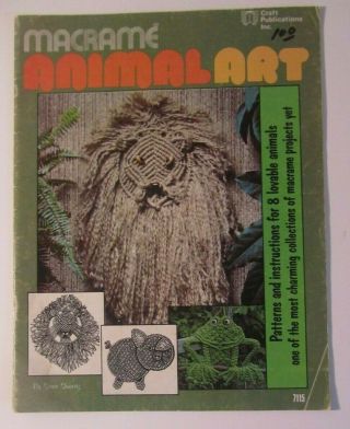 Vtg 1976 Macrame Animal Art Pattern Book Elephant Lion Frog Pig Cat Giraffe Dogs