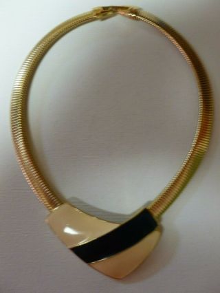 Gold Tone Trifari Choker Necklace Cream Blue Enamel Vintage Flex Snake Chain