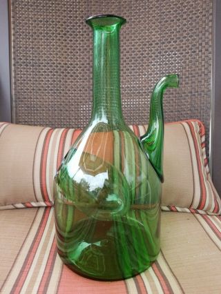 Vintage Blown Green Glass Porron Wine Decanter Pitcher With Ice Chamber
