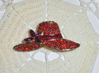 Vintage Monet Signed Red & Purple Rhinestone Hat Brooch Pin Red Hat Society