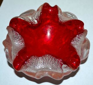 Vintage Heavy Murano Art Glass Clear,  Ruby Red,  Silver Fleck Dish Bowl,  Perfect